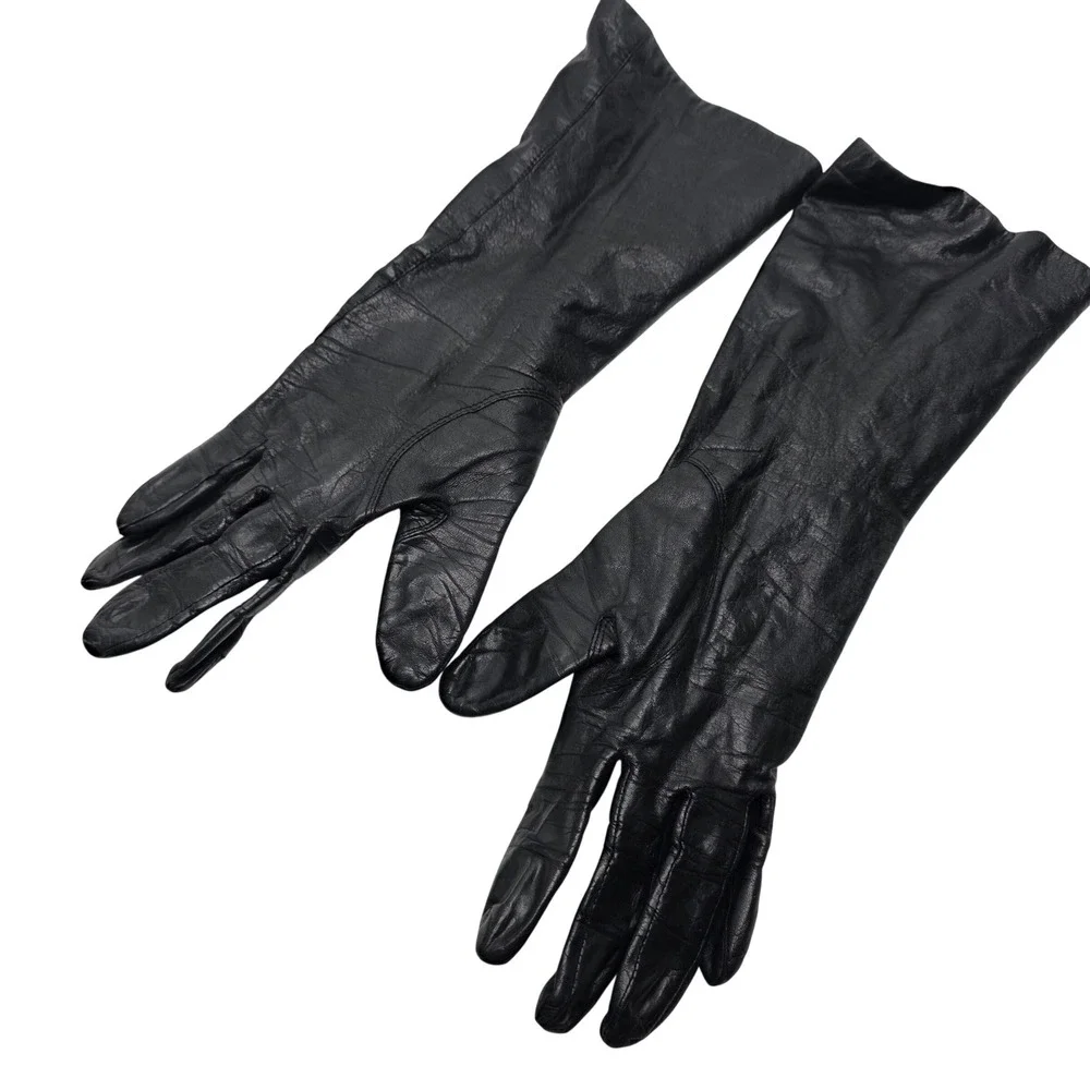 Vintage Black Gloves Leather Cowhide Women sz 7 Japan Mid Length WPL 9939 Luxury